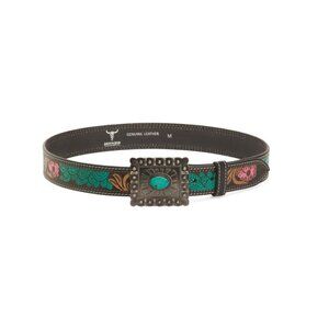 AMERICAN BISON Turquoise/Pink Leather Tooled Belt